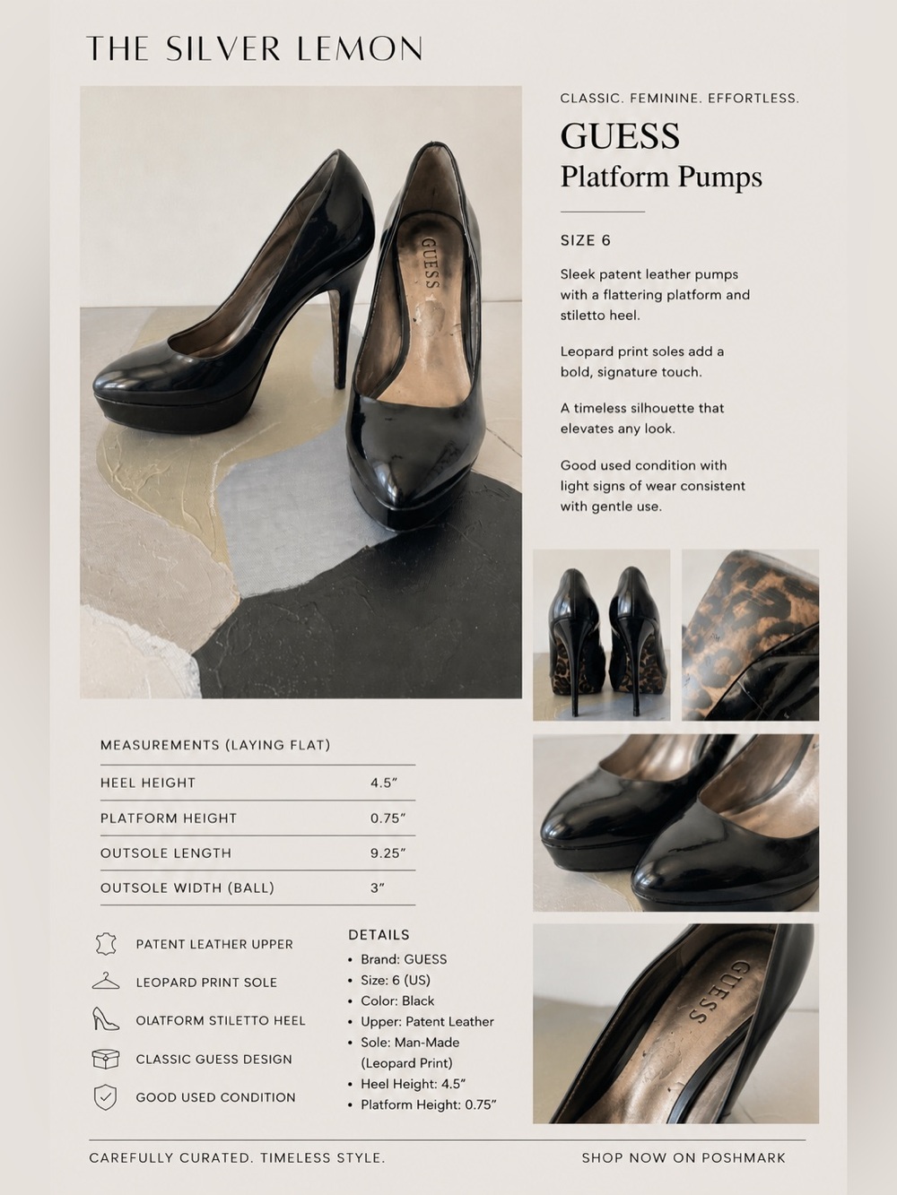 GUESS Black Patent Leather Platform Pumps Leopard Sole Heels Size 6